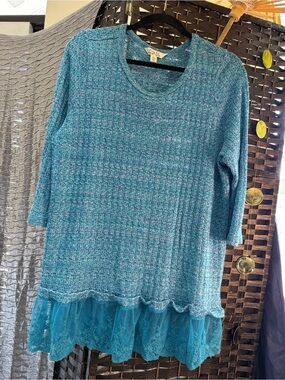 🤪 Krazy Kat Boho Teal Marled Knit Tunic w/ Sheer Lace Trim XXL 🩵🩵🩵 🤩